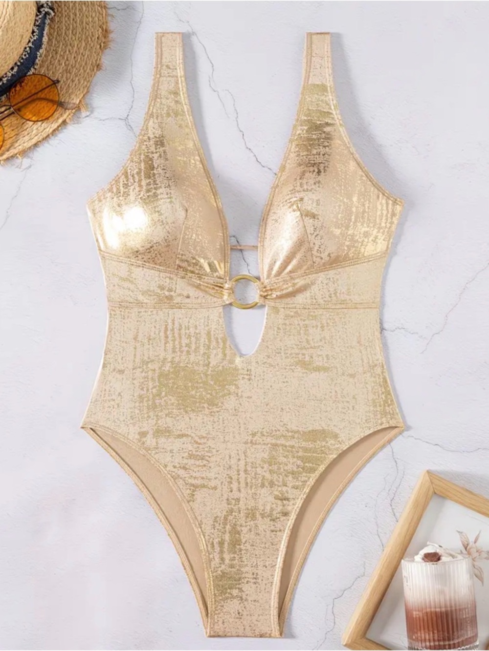 Gold Metallic Ring-Front One-Piece Swimsuit - Women